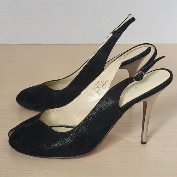 BCBGMAXAZRIA Kelly Black Metallic Leather Peep Toe Heels Size EU 39/US 8.5 - Picture 5 of 16